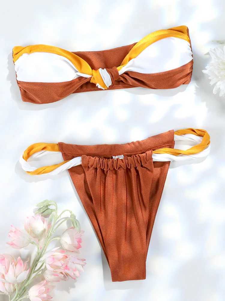 Bandeau Bikini Set Women Two Piece Suit Swimwear 2024 Sexy Bikinis Patchwork Bathing Suit Fe Swimsuit Newest BeachwearXJ250120