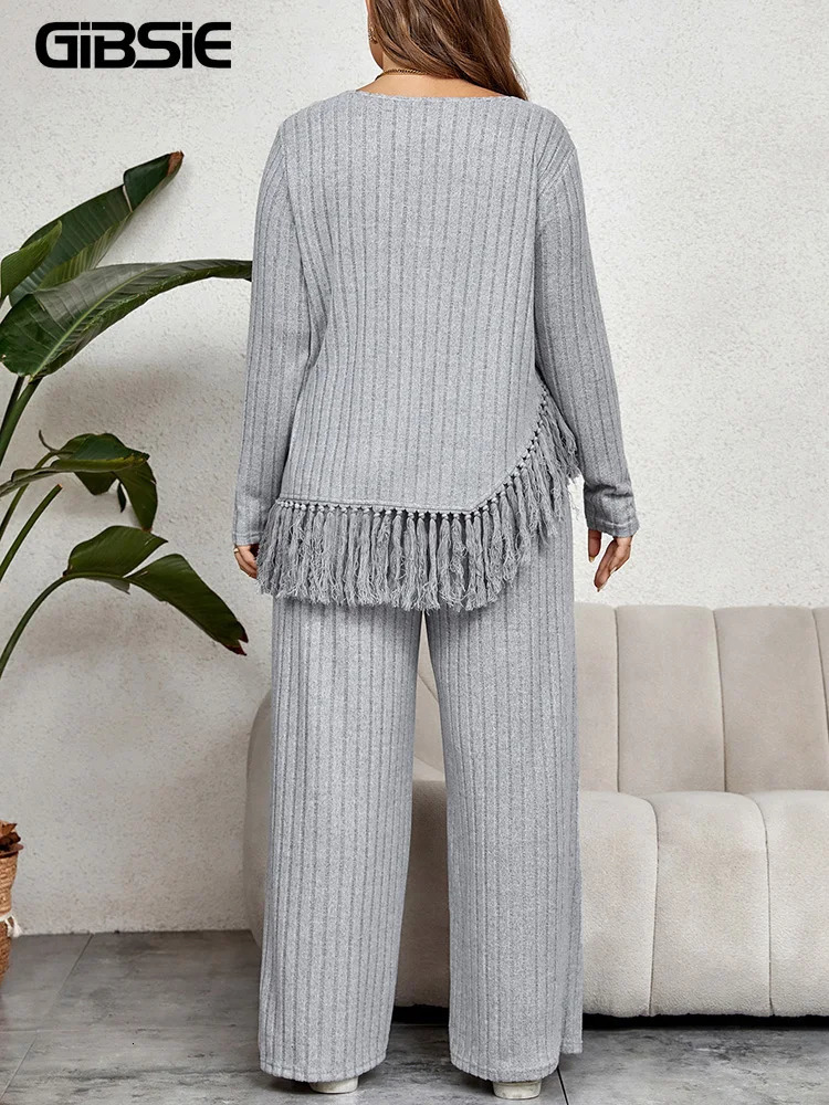 GIBSIE Plus Size Women Home Style Two Piece Outfit Fall Casual ONeck Long Sleeve Tassel Hem Tops with Wide Leg Pants Sets 250122