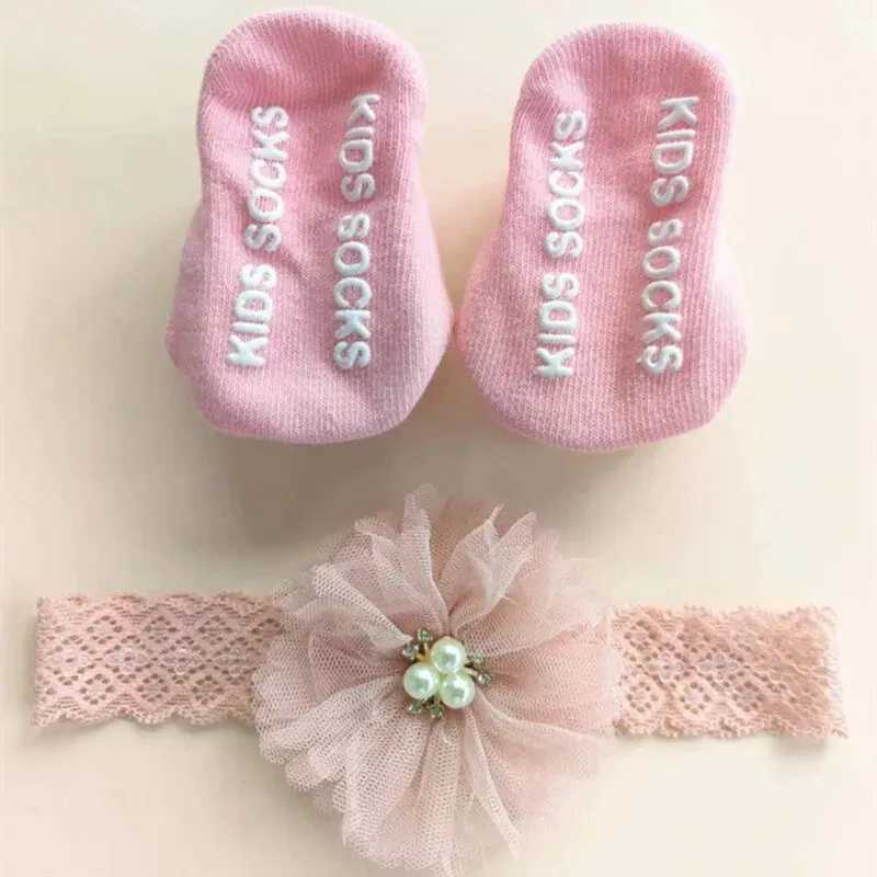 Cute Pearl Bows Baby Headband Socks Set Non Slip Cotton Sock Lace Flower Newborn Hair Band Turban Girl Hair Accessories X250129