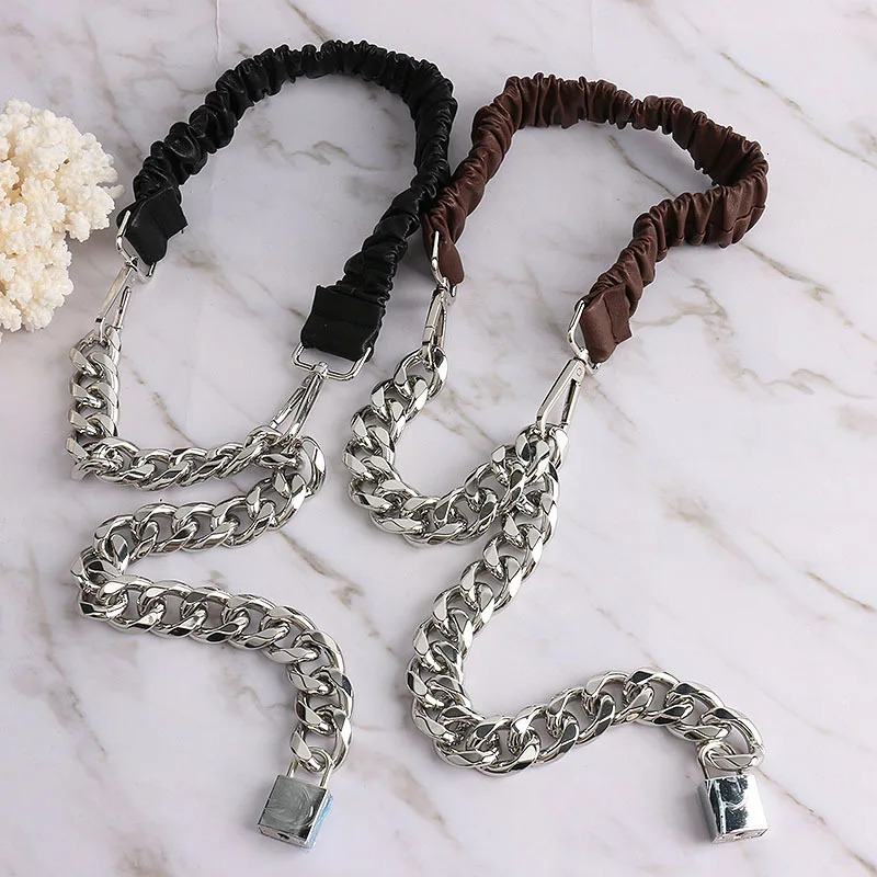 Fashion lock head elastic belt European and American personality metal leather chain splicing waist chain women 250117