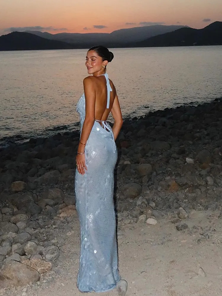 Beaded Sequins Backless Long Dresses Women Sexy Lace Up Slim Halter Beach Dress Lady Elegant Summer Low Out Robe Holiday Party 250121