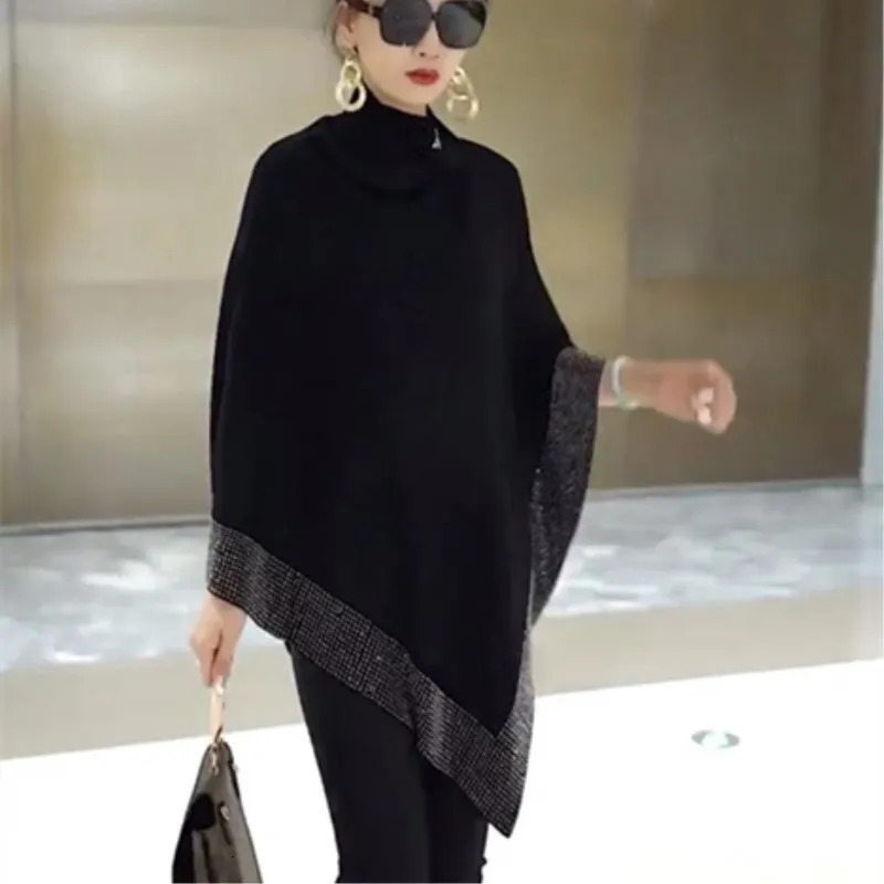 Autumn Fashion Winter Diamonds Knit Shawl Cloak Loose Plus Size Solid Woman Poncho Cape Pullover Sweater Black 250121