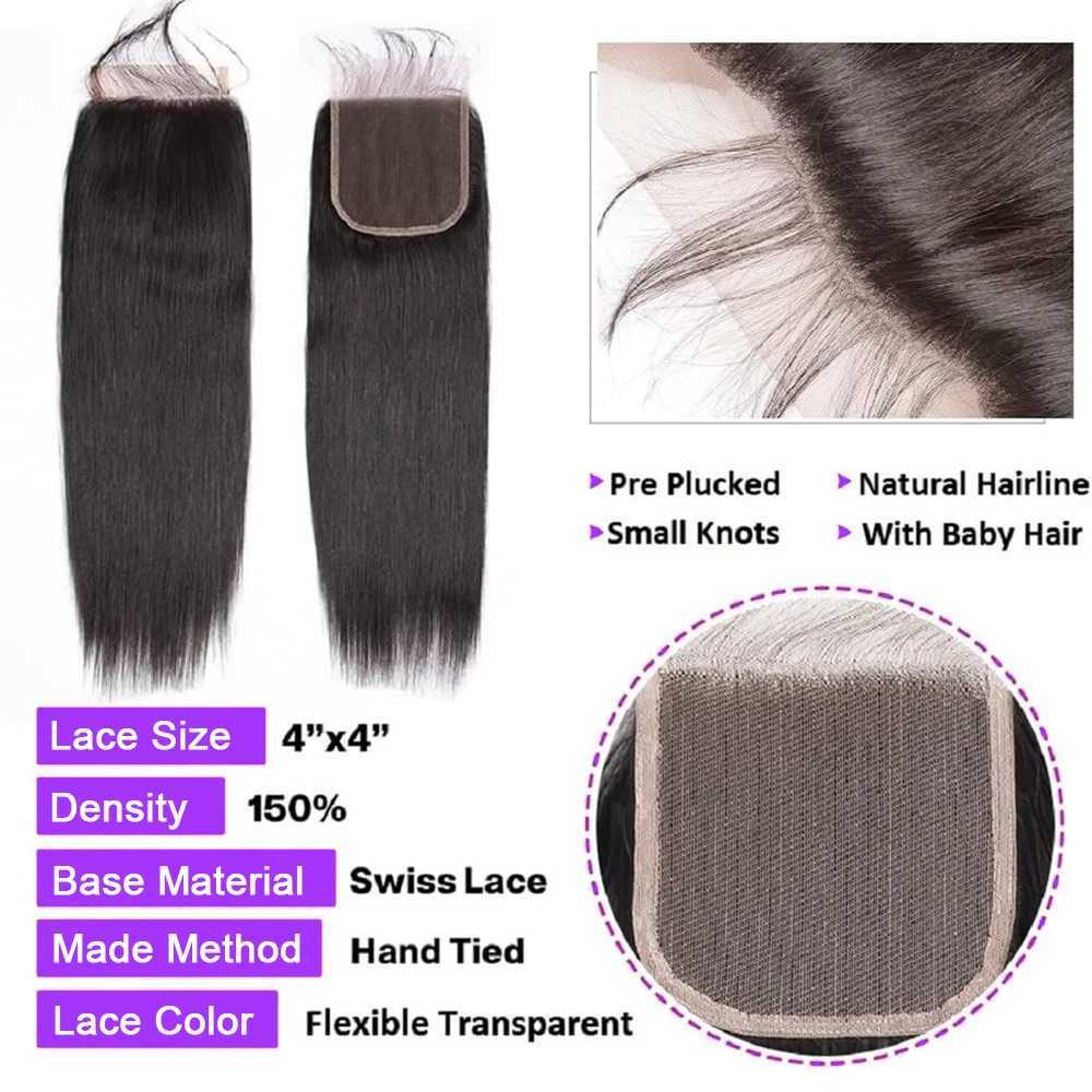 34 36 inch Straight Human Hair Bundles with Clo 4x4 Raw Brazilian Hair Extensions Weave 3 4 Bundles with Transparent CloXJ250120