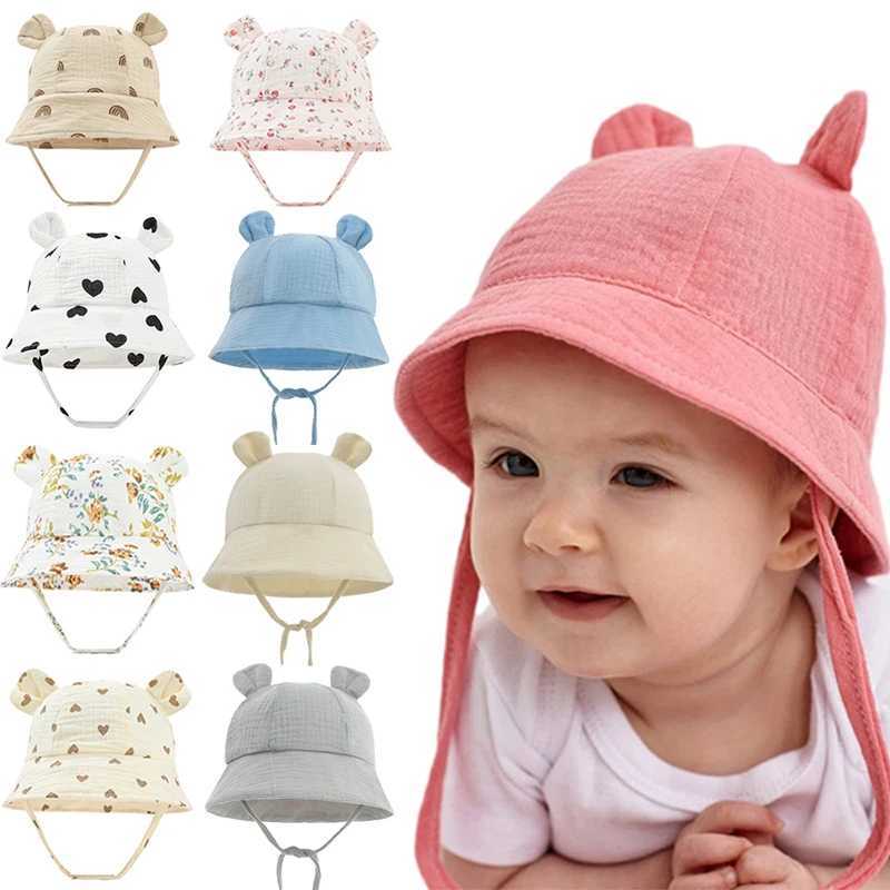 Muslin Newborn Baby Hat Summer Baby Bucket Hat Girl Boy Cute Printed Fishermans Hat Preschool Children Panama Sun Hat 3-12 meters M250121