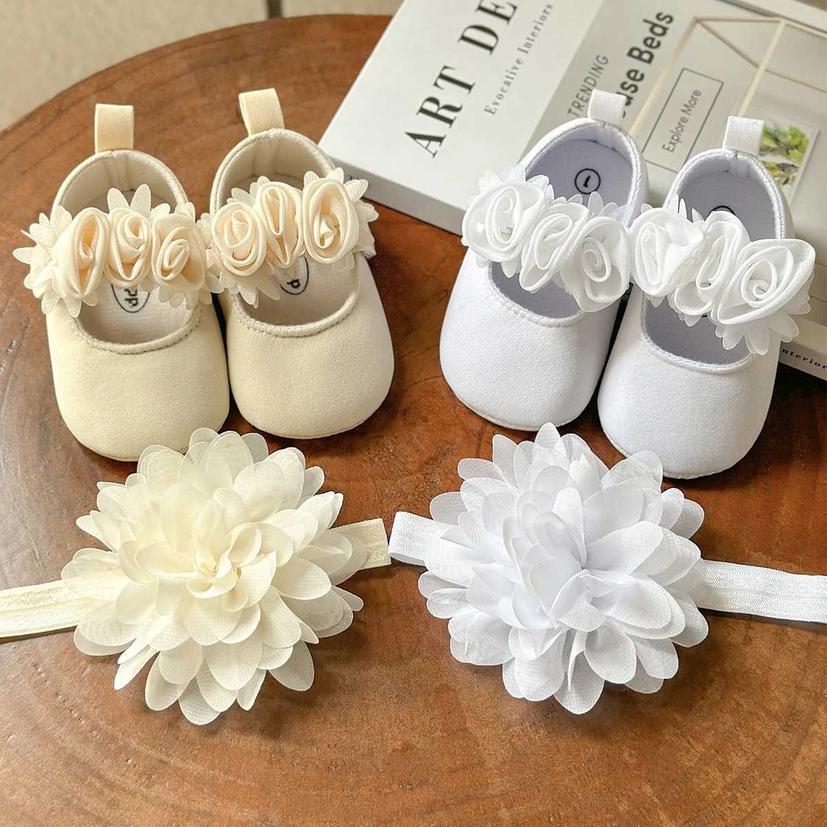 2pcs Baby Girls Flat Shoes With Flower Decor Princess Crib Shoes First Walker Shoes Headband For Newborn Infant X250129