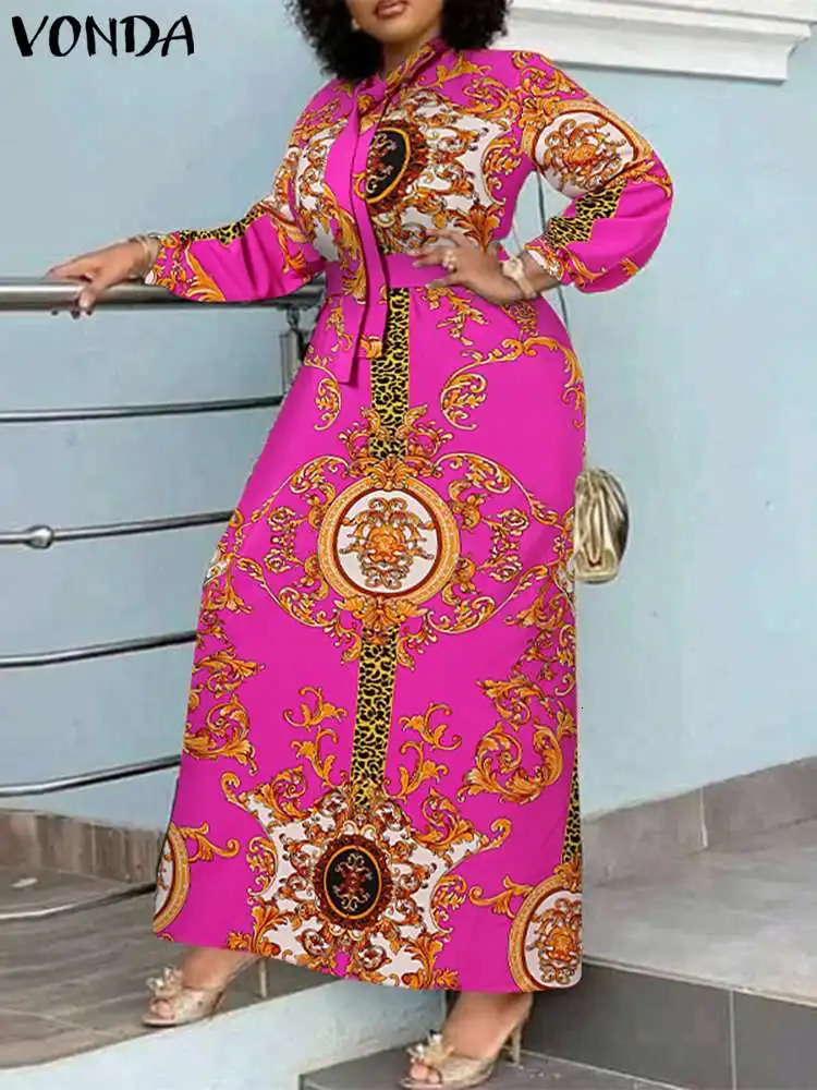 VONDA Maxi Dress Summer Women Bohemian Printed Party Sundress Long Sleeve Stand Collar Casual Robe Holiday Dresses Belted 250117