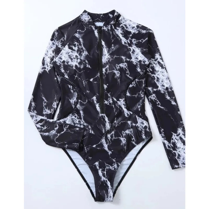 Summer Print Zipper One Piece Swimsuit Closed Long Sleeve Swimwear Sports Surfing Womens Swimming Bathing Suit Beach Bather 250109