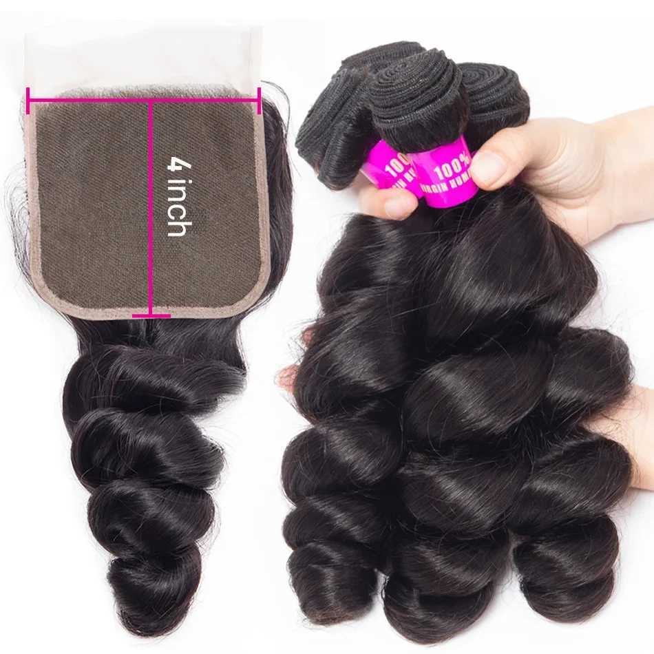 12A Peruvian Raw Virgin Hair Unprocessed Human Hair Bundles With Clo 4X4 Loose Wave Bundles And Clo Natural Black ColorXJ250120