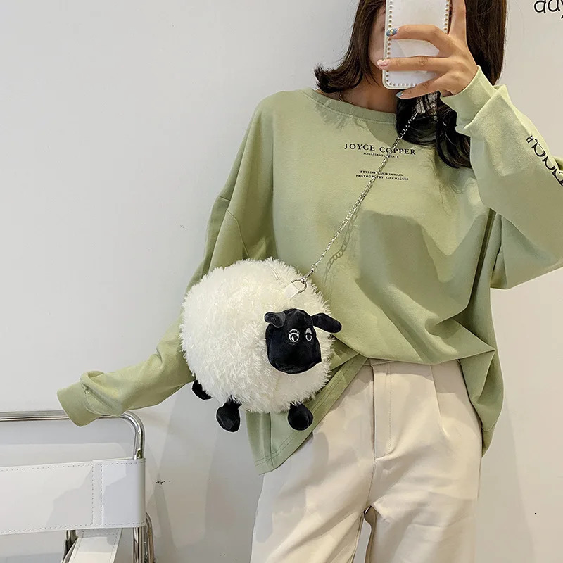 Cute fluffy soft sheepskin bag womens cartoon sling bag fluffy animal cross body bag shoulder bag fur soft stripe bag 250120
