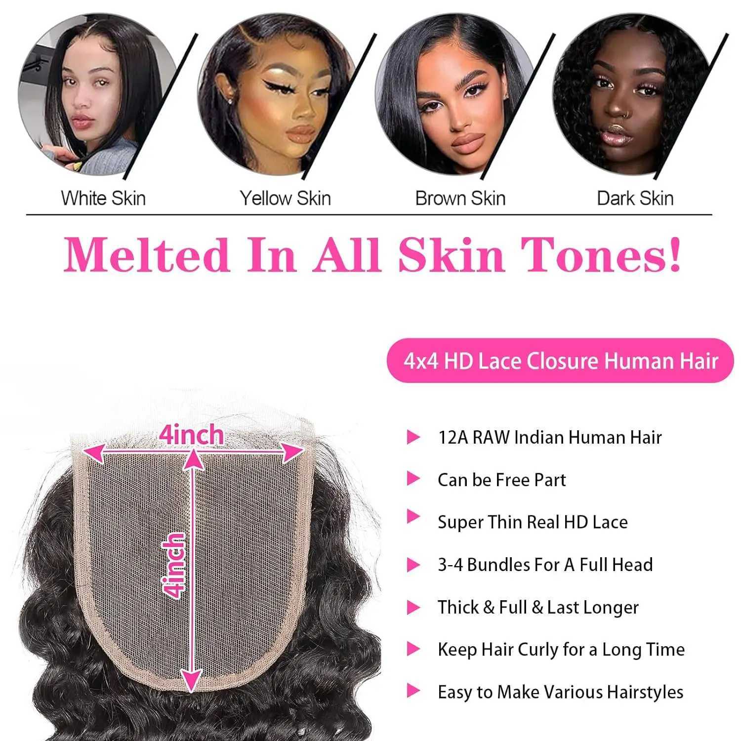 Deep Wave Bundles with Clo Human Hair 3 Bundles with 4x4 Lace Clo with Baby Hair Pre Plucked Free Part Natural Color #1BXJ250120