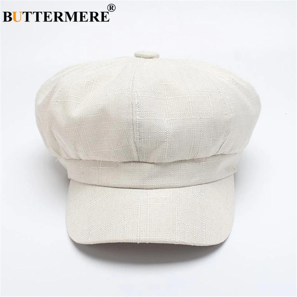 BUTTERMERE Linen sboy Cap Women White French Painter Hat Ladies Spring Summer Beret Female Octagonal Baker Boy 250118