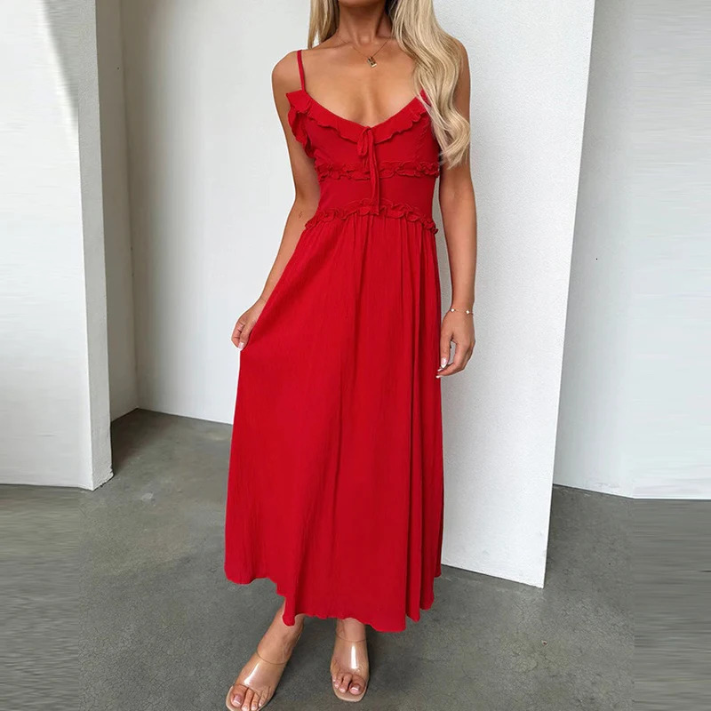V Neck Ruffle Suspender Long Dresses Sexy Hollow Out Sleeveless Pleated Beach Dress Simple Solid Color Womens Holiday Dress 250113