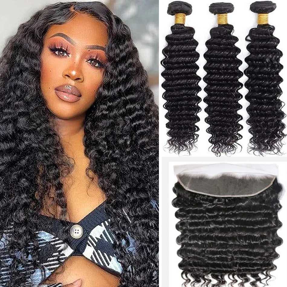 Deep Wave Bundles with Frontal 100% Unprocessed Brazilian Virgin Human Hair 3 Bundles with 13x4 Lace Frontal Ear to Ear FrontalXJ250120
