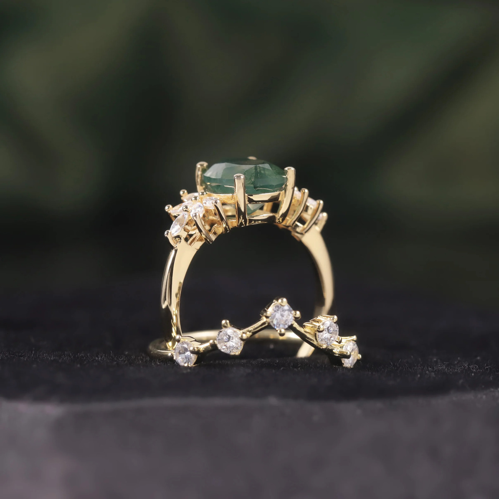 GEMS BALLET Vintage Green Moss Agate Art Deco Cluster Promise Ring Unique Curved Wedding Band Ring Set 925 Sterling Silver 250121