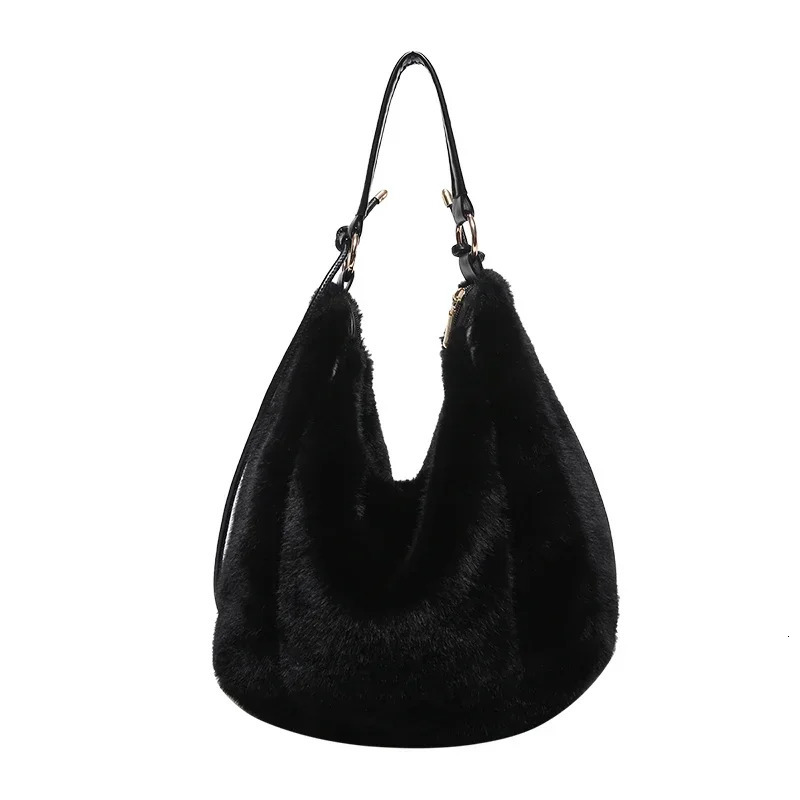 Winter cotton fabric zipper soft shoulder bag large capacity Versatile handbag 2025 high-quality fur sweet womens bag 250109