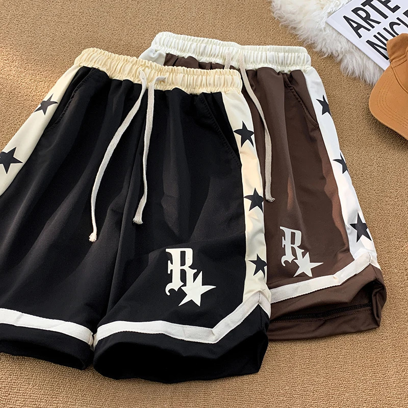 High Street Hip Hop Casual Shorts Mens Summer Splicing Star Printed Loose Straight Sports Shorts from the United States 250110