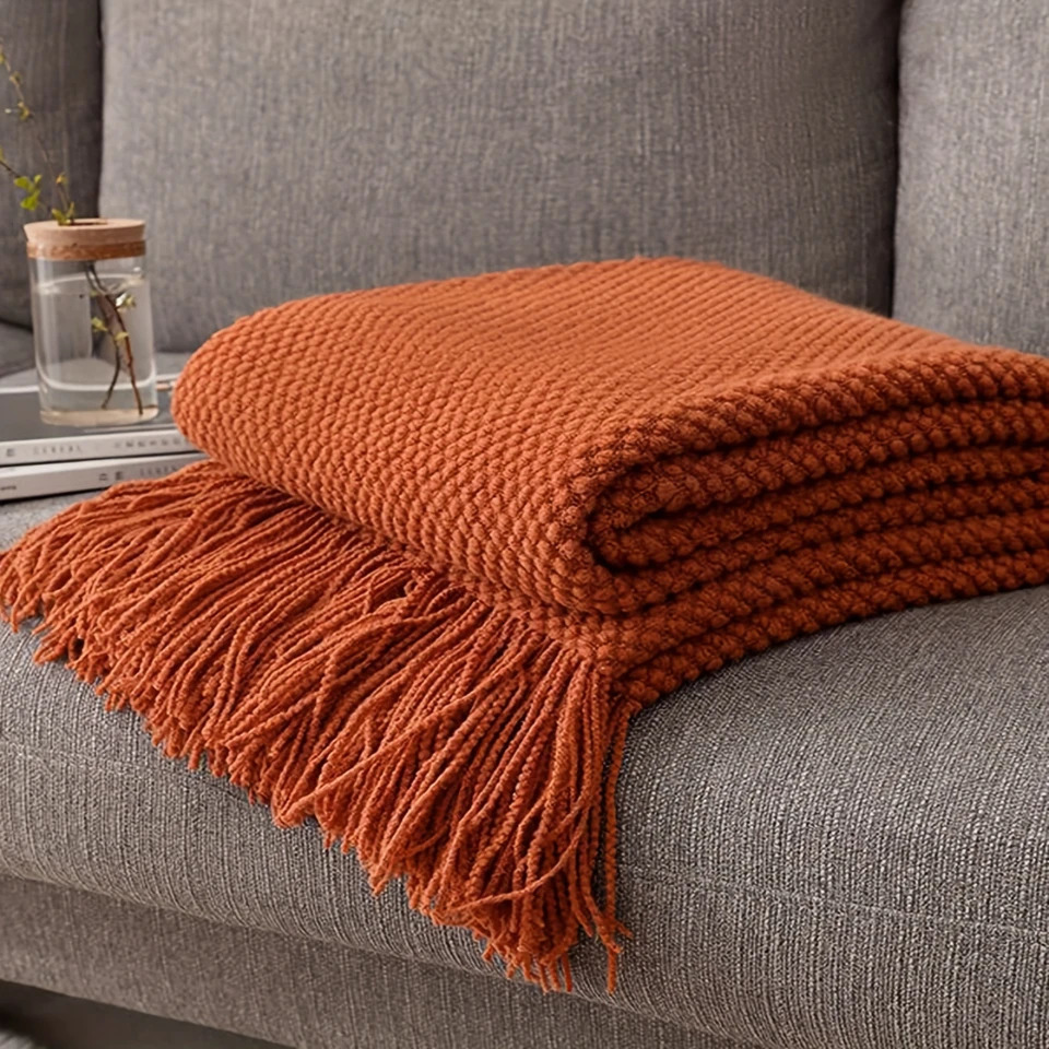 1pc Morandi Orange Tassel Knitted Blanket Soft Warm Throw Blanket Nap Blanket For Couch Sofa Office Bed Camping Travelling 250113