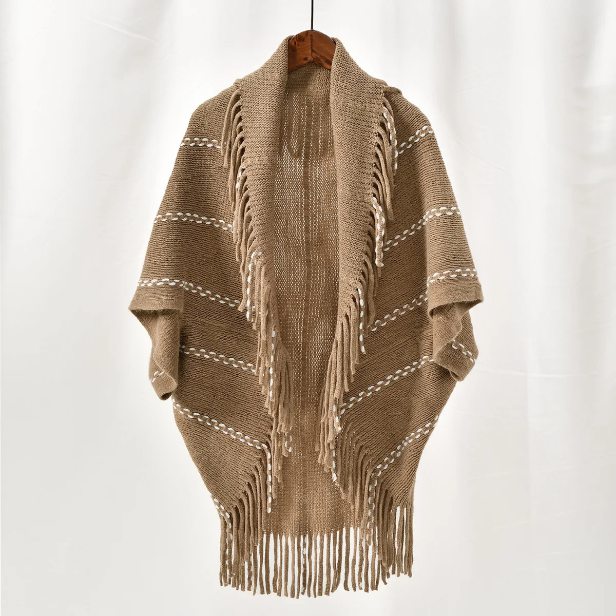 Winter Large Warm Tassel Shawl Solid Knitted Cardigan Cape Shawl Women Stylish Loose Thick Coat 87*47cm 250120