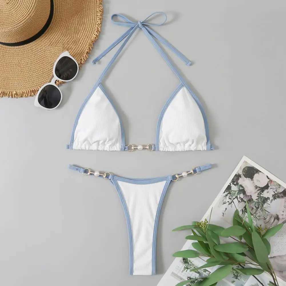 Women Bikini Set Contrast Color Halter Neck Three-point Pearl Deep V Neck Swimming Suit Bathers Women Micro Thong BikinisXJ250120