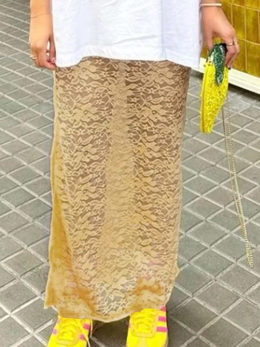 Womens Vintage Lace Jacquard Long Skirts Elegant Loose Low Waist Solid Color SeeThrough Midi Fit Y2K Streetwear 250110Z