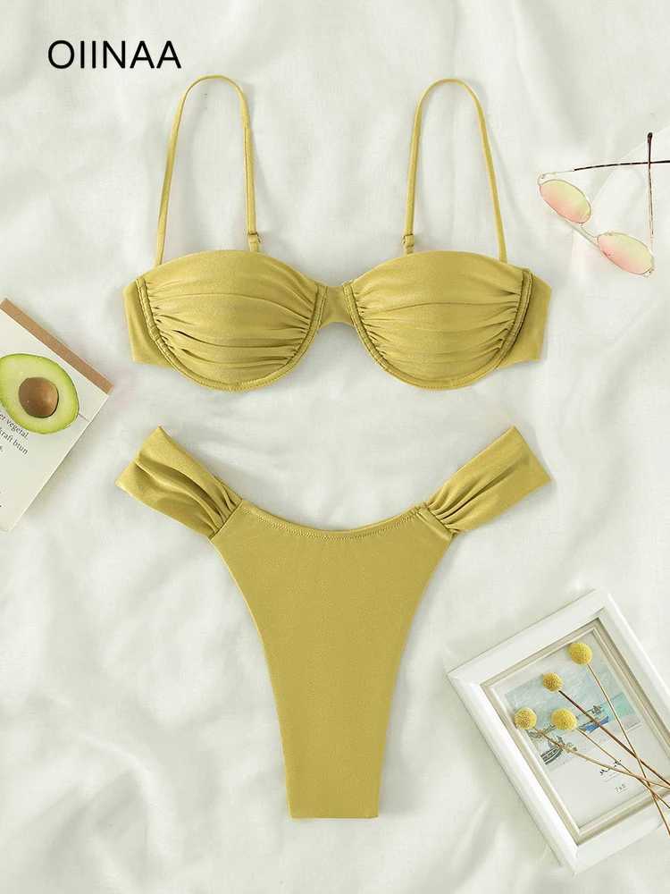 OIINAA Bathing Suit Women Sexy Solid Swimwear Pleated Bikini Set 2024 Summer Swimsuit Two-pieces New Beachwear Fe BiquinisXJ250120