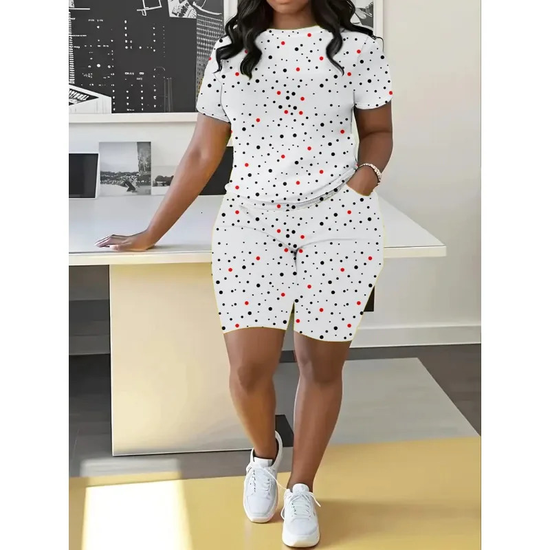 Plus Size Loose Dot Style Printed Casual Commuting Micro Elastic Set Summer Fashion Round Neck Womens Short Sleeve Shorts 250122