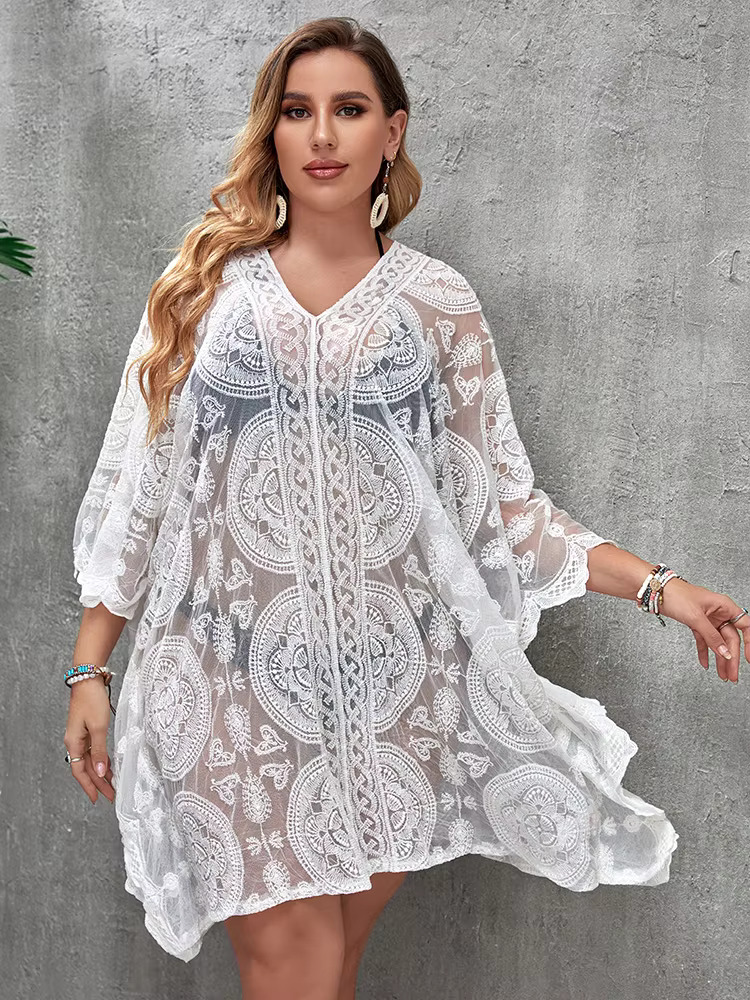 Plus Size Cover Up Tunic Dress Summer Women Beach Wear Boho Swimsuit Ups White Robe Dresses Long Pareo Beachwear