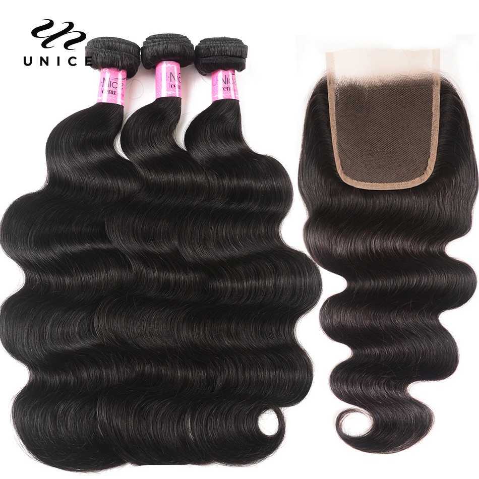 UNICE HAIR 4x4 Lace Clo With Malaysian Body Wave 3/4 Bundles with Lace Clos With Remy Hair Human Hair BundlesXJ250120