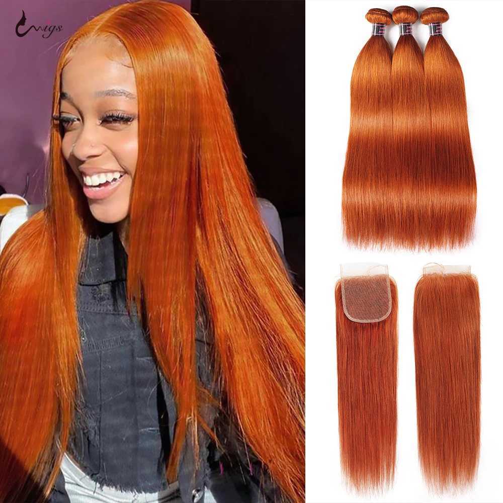 Uwigs Ginger Orange Bundles With Clo Brazilian Hair Extensions Human Hair Straight Bundles With Clo For Woman Remy HairXJ250120