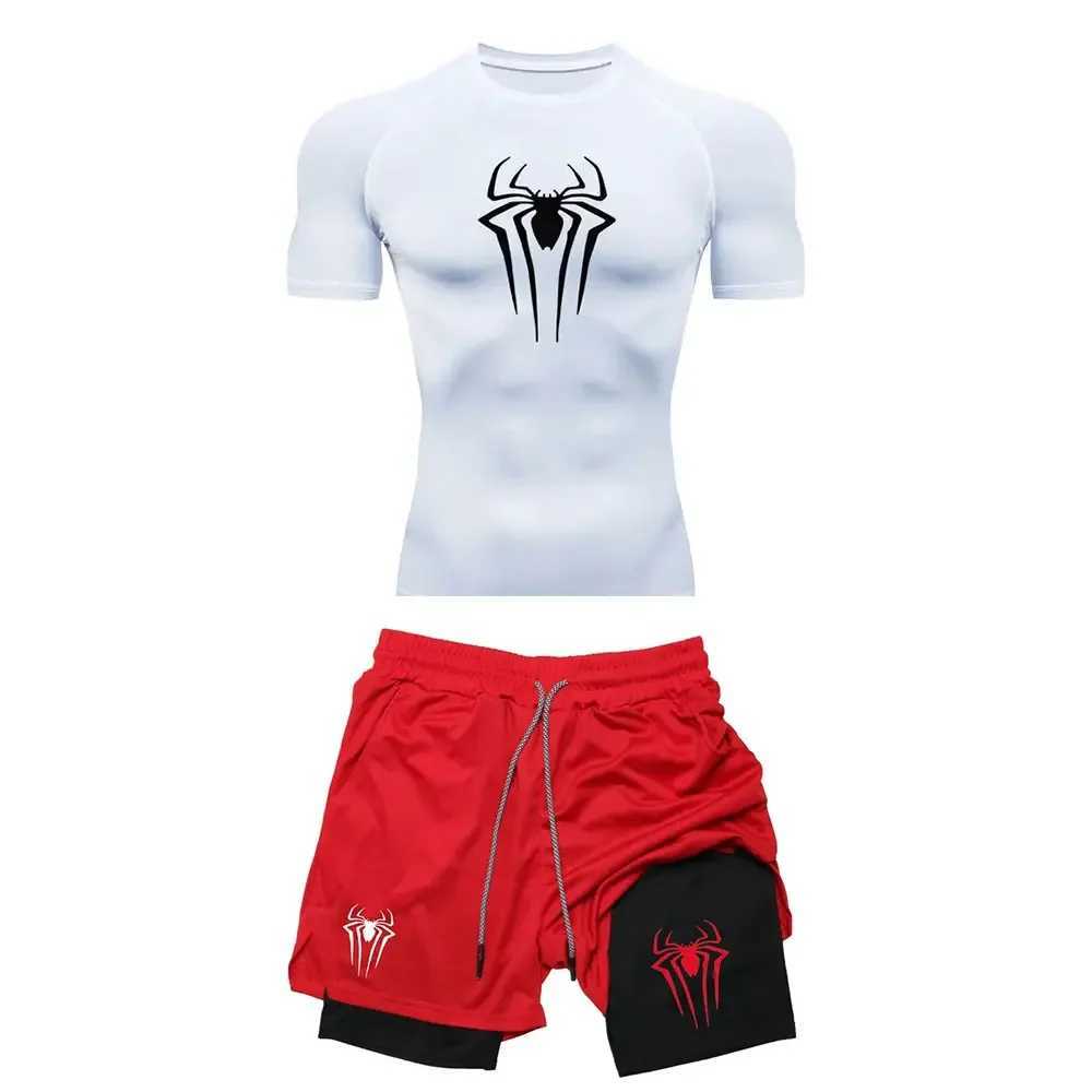 Mens sports compression set Y2K spider print gym T-shirt breathable running shorts quick drying sports protection Rush sportswear set X250129