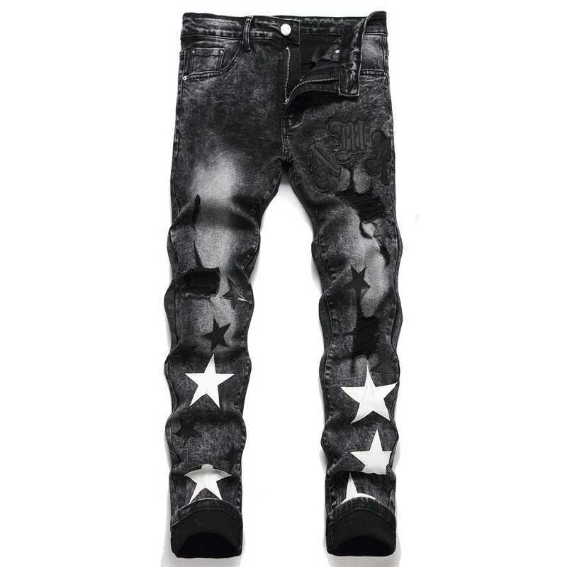Slim Fit Elastic Black Cotton Embroidered Leather Label With Hole Star Fashion Mens Jeans X250129