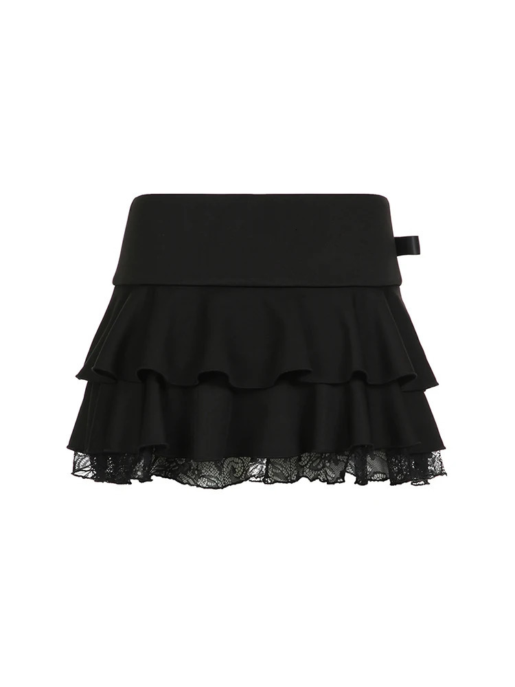 Goth Y2K Black Lace Trim Bow A Line Mini Skirt Women Korean Streetwear 250110