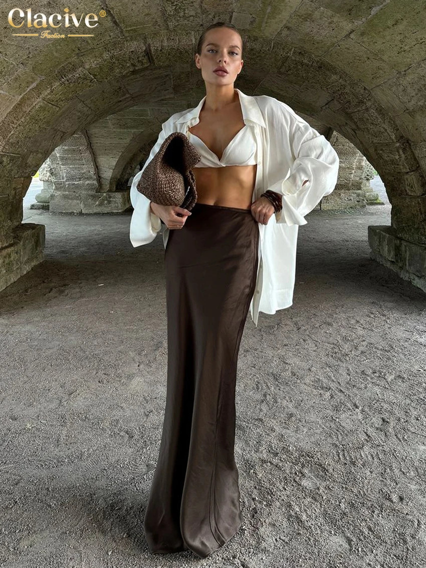 Clacive Fashion Loose Brown Satin Womens Skirt Elegant High Waist Maxi Skirts Ladies Casual Simple Skirt Female Clothing 250117