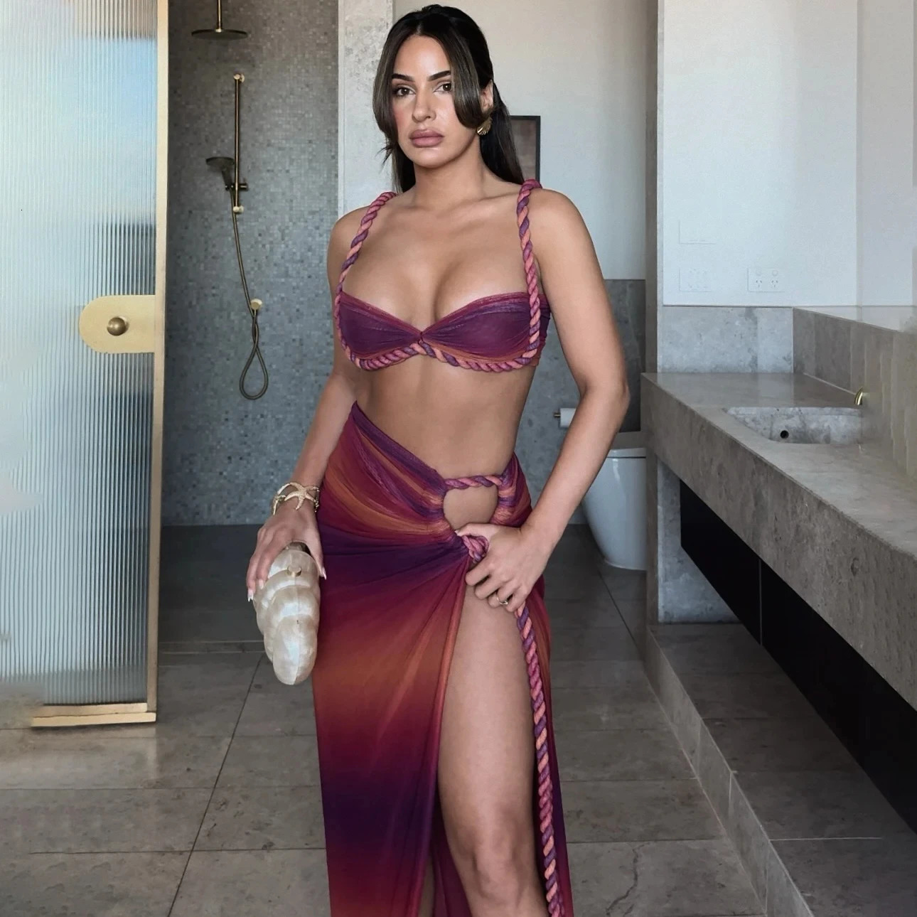Sexy Gradient 3 Pieces Bikini Set With Cover Up Push Up Bikinis Women Swimsuit Female Swimwear Long Skirt Bathing Suit Beachwea 250122