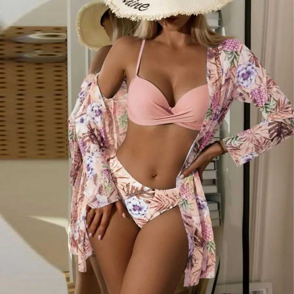 3Pcs/Set Women Bikini Set Sling Bra High Waist Swimming Briefs Floral Print Cover-up Set Summer Beachwear Bathing SuitXJ250120