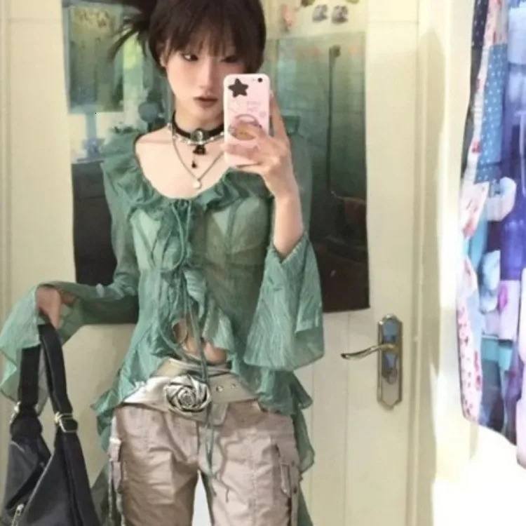Elegant Vintage Ruffles Lace Up Green Cardigan 2025 Irregular Slim Fit Tops Women Y2k Long Sleeve Thin Blouses Womens Shirts 250122