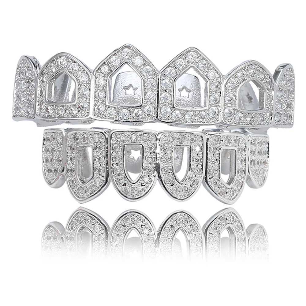 Full CZ Stones Star Teeth Grillz Caps Cubic Zircon Iced Out Micro Pave Top Bottom Charm Grills Set For Men Women Hip Hop JewelryXJ250114