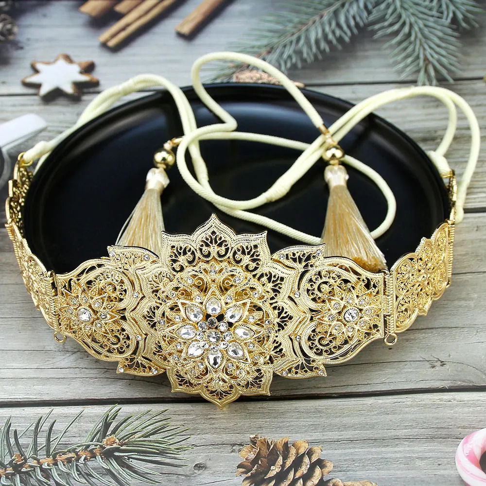 Sunspicems Chic Moroccan Caftan Belt Hand Rope Tassels Waist Chain For Women Gold Color Crystal Waistband Adjustable Length 250121
