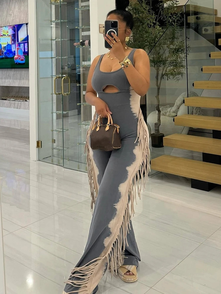 Womens High Street Strapless Jumpsuit with Tassel Summer Ladies Stretchy Jumpsuit Sleeveless Tank Collar Sexy Long Jumpsuits 250109