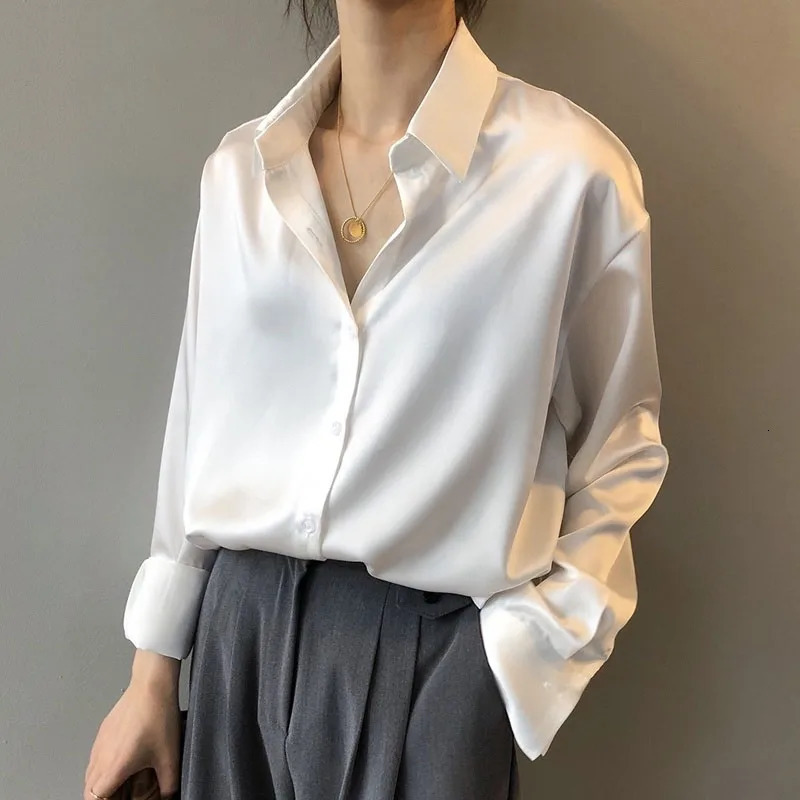 Fashion Simple Satin Blouse Women Loose Button Up Long Sleeve Womens Shirts Office Lady Tops Woman Casual Clothes 11355 250121