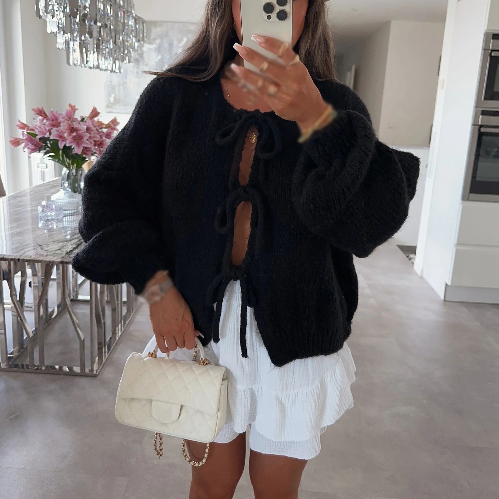 Combhasaki Womens Y2K Sweaters Solid Color Front Tieup Hollow Out Round Neck Long Sleeve Cardigan Tops Warm Knitwear Streetwear 250109Z