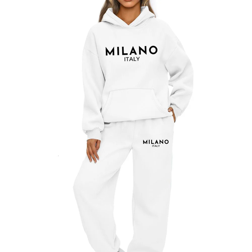 2 Piece Set Women Outfit MILANO Letter Print High Neck Hoodies Sweatshirt Pants Tracksuit Plus Size Streetwear Casual Suit 250122