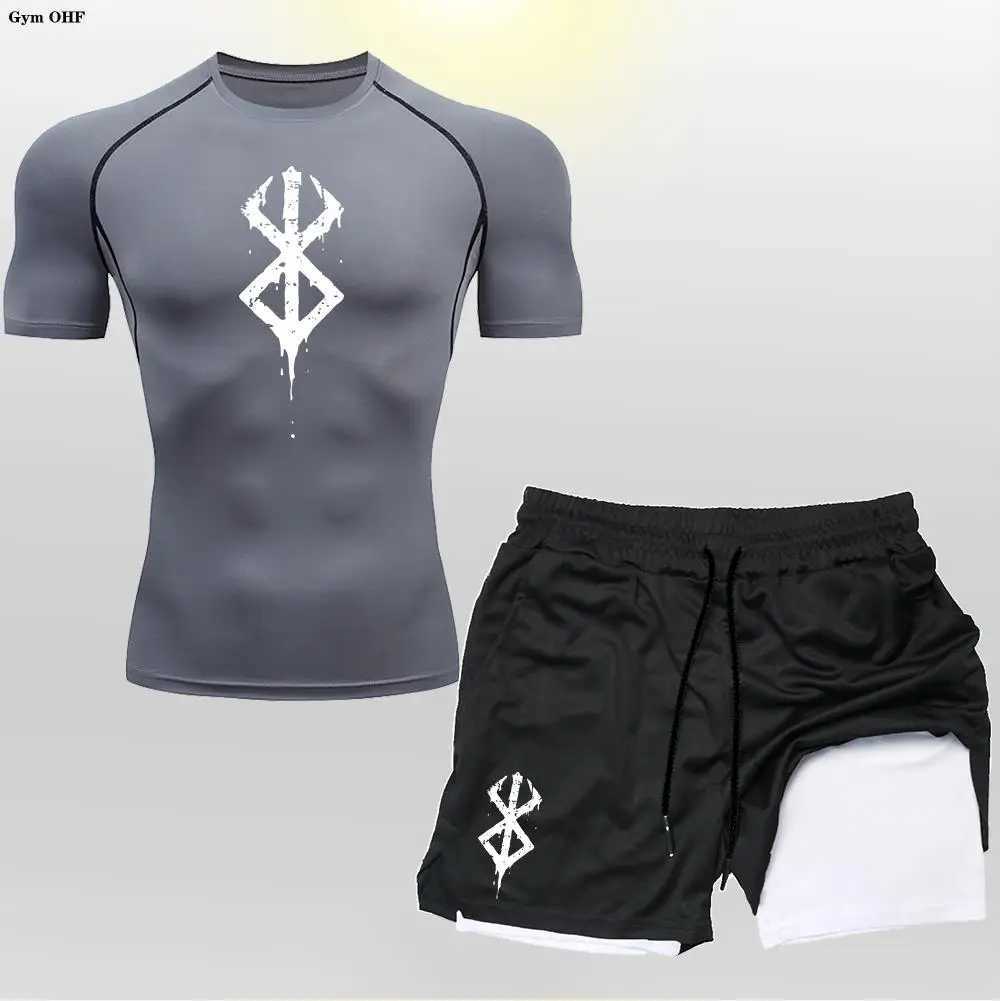 Anime Mens Cycling Sportswear Quick Dry Tight Fitting Sport 2 In 1 Double-Deck Shorts Mens T Shirt Suit Men Gym Running Trained X250129