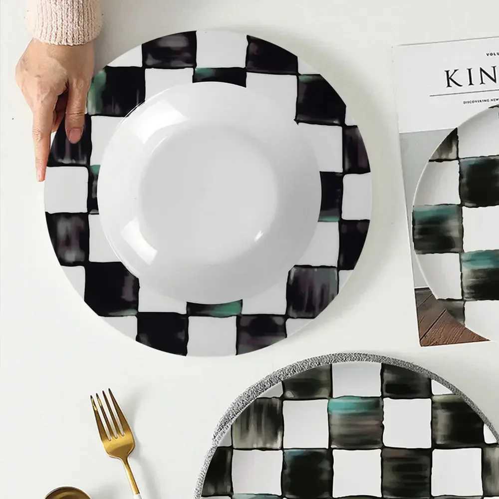 Glass Western Creative Tableware Black and White Wedding Banquet Bone Chinese Flat Ceramic Desktop Floppy Disk X250129