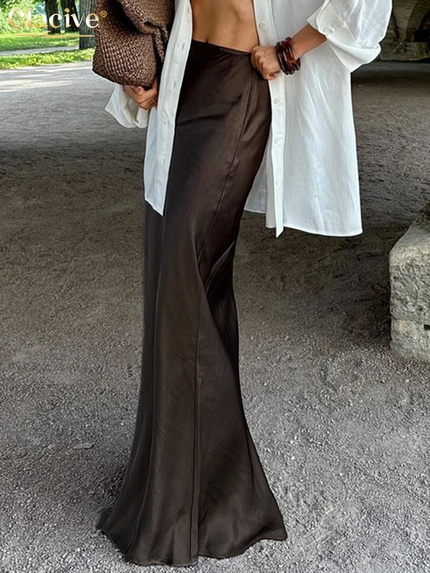 Clacive Fashion Loose Brown Satin Womens Skirt Elegant High Waist Maxi Skirts Ladies Casual Simple Skirt Female Clothing 250117