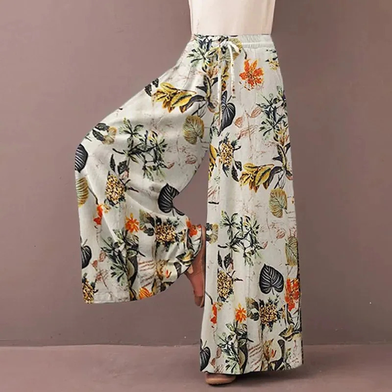 Women Floral Print Wide Leg Pants Spring Autumn Fashion Drawstring Bohemia Trousers Ladies Casual Loose Elastic Waist Pantalon 250122