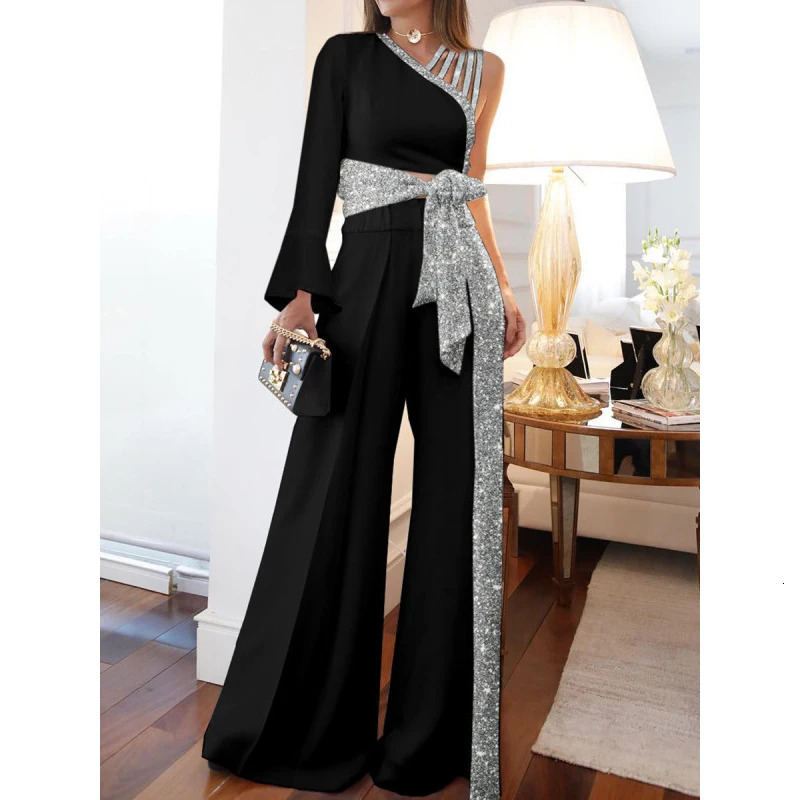 Elegant Women Jumpsuits Casual Long Sleeve One Shoulder Shiny Wide Leg Jumpsuit Lace Up Loose Wide Legs Romper High Streetwear 250114