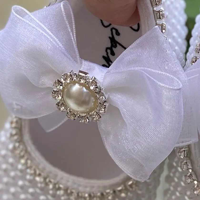Dollbling Handmade White Pearls Bling Rhinestone Baby Crib Shoes Christening Outfit Wedding Sparkle Organza Baptism 0-3m Shoes X250129