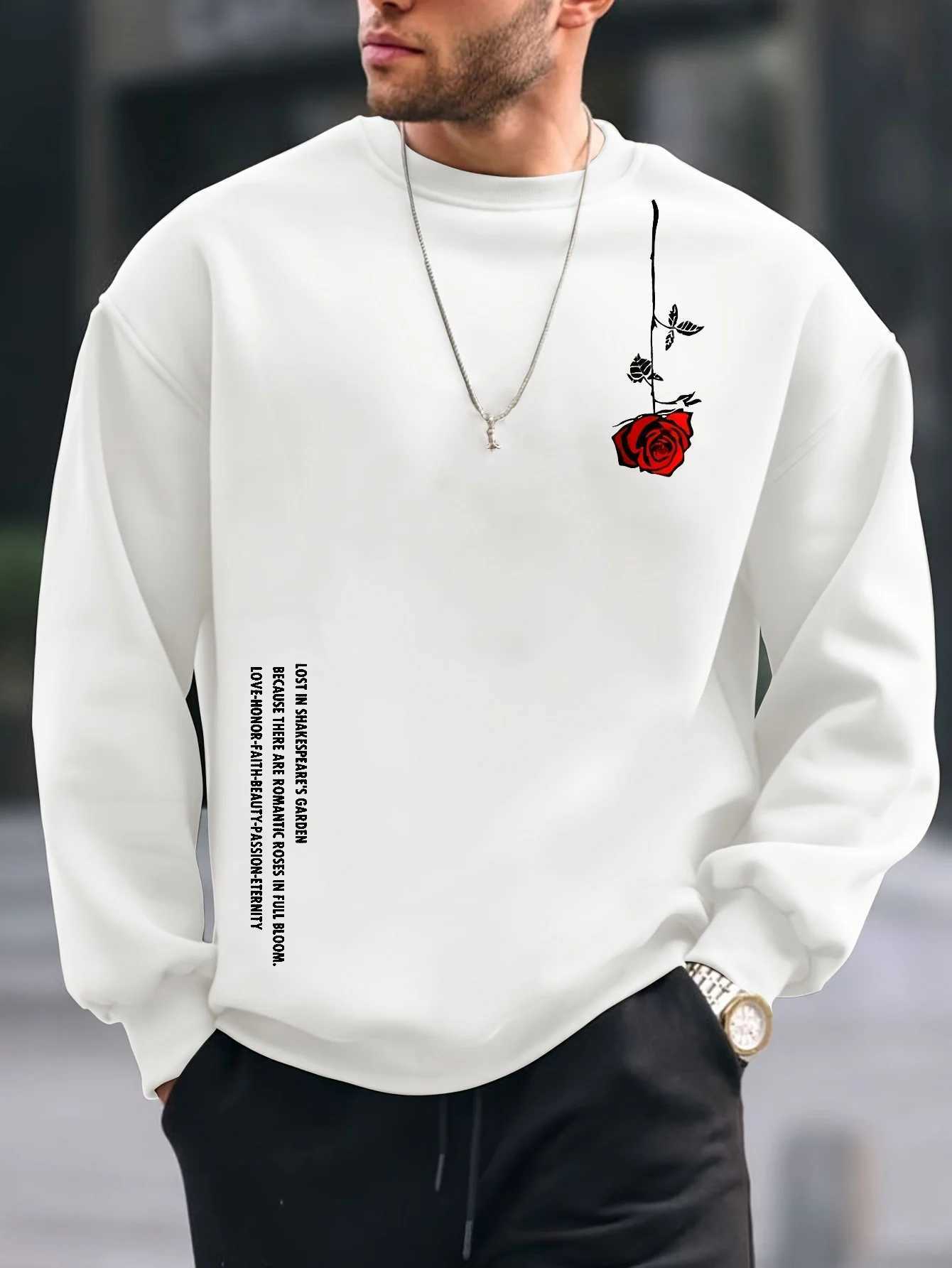 Mens autumn and winter fashionable casual loose plus rose pattern printed fleece pullover round neck long sleeved sweatshirtXJ2500118
