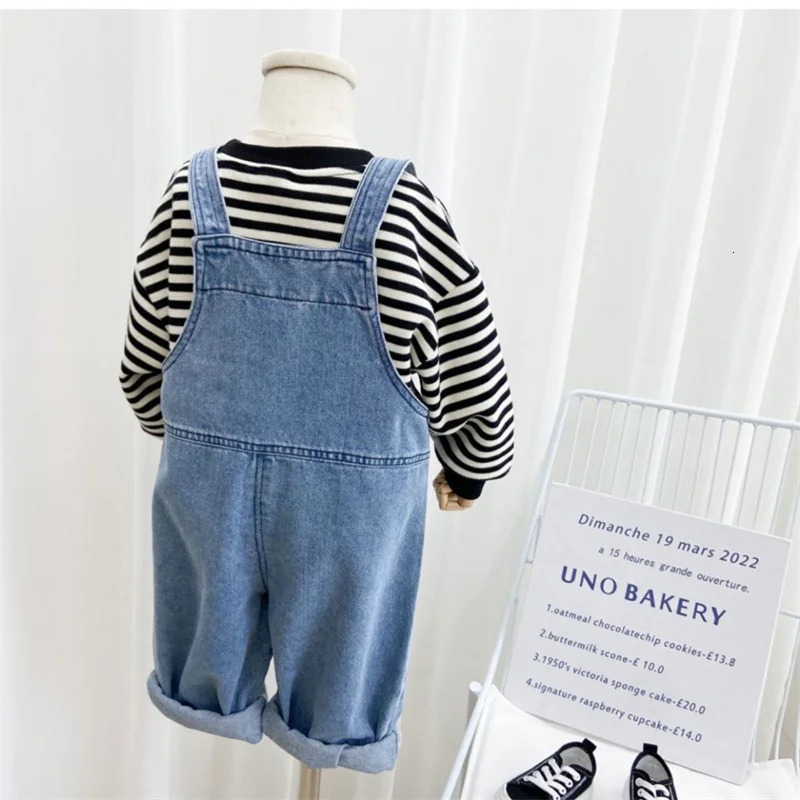 Boys Backpack Pants Childrens Solid Color Denim Jumpsuit Spring Autumn Girls Simple Casual Fashion Trousers 28 Years 250117